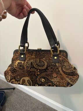 Vintage Y2K tapestry purse or "carpet bag" leather and gold hardware